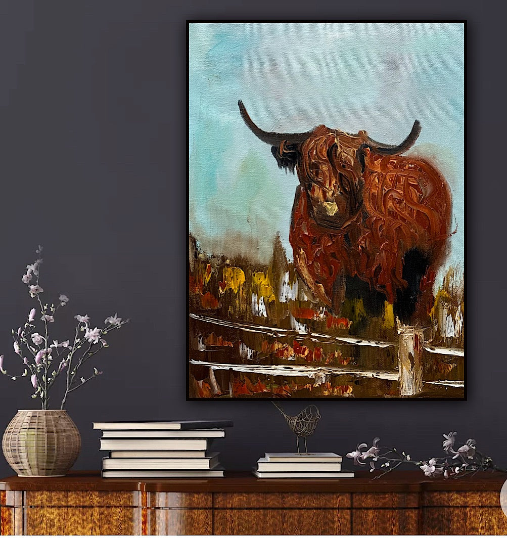 Abstract Original Oil Painting On 30 x 40cm Canvas Aboriginal highland cow ‘Bernie’ animal