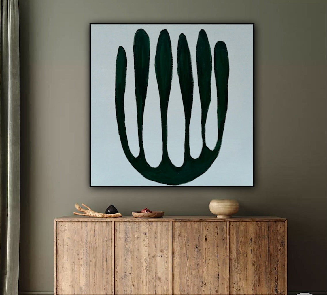 Eferi Plant Green & White Modern Abstract oil Painting On Canvas 40x40cm In Oka floral