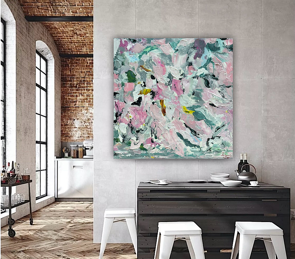 Large Abstract Original Oil Painting On 50x50cm canvas textured Painting ‘Pink Fusion’ Oka framed in solid oak frame