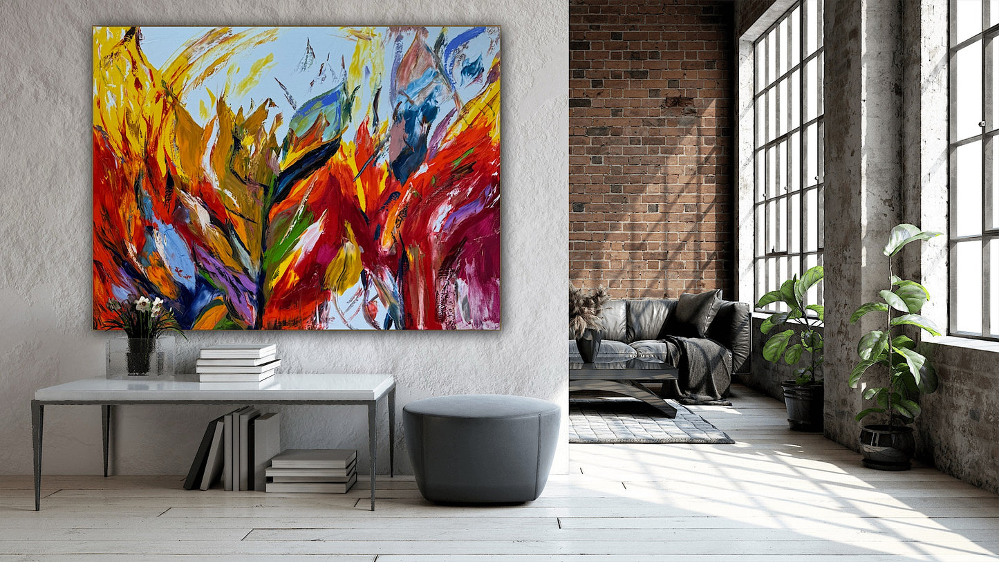 Large Abstract Original Oil Painting On 120x91cm canvas textured Flames of Nature