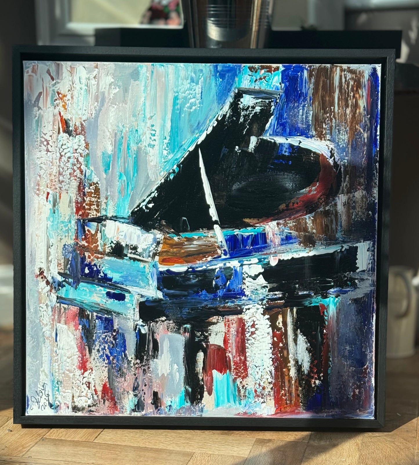 Framed in black Textured Original Abstract Oil Painting On Canvas 55x55cm Black Grand Piano