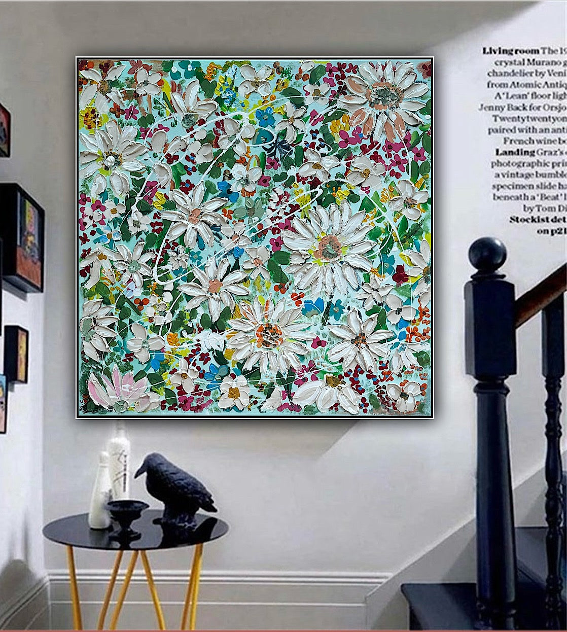 Framed Original Abstract Oil Painting On Canvas 80x80cm Daisies & more Flowers Textured