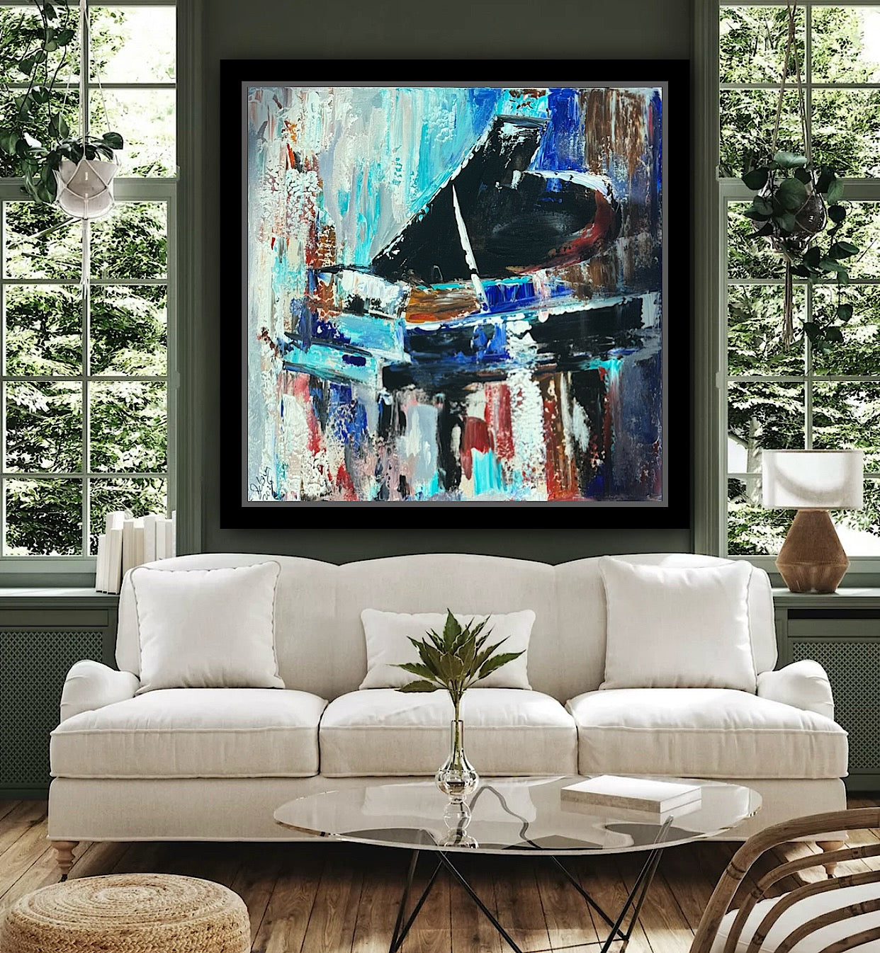 Framed in black Textured Original Abstract Oil Painting On Canvas 55x55cm Black Grand Piano