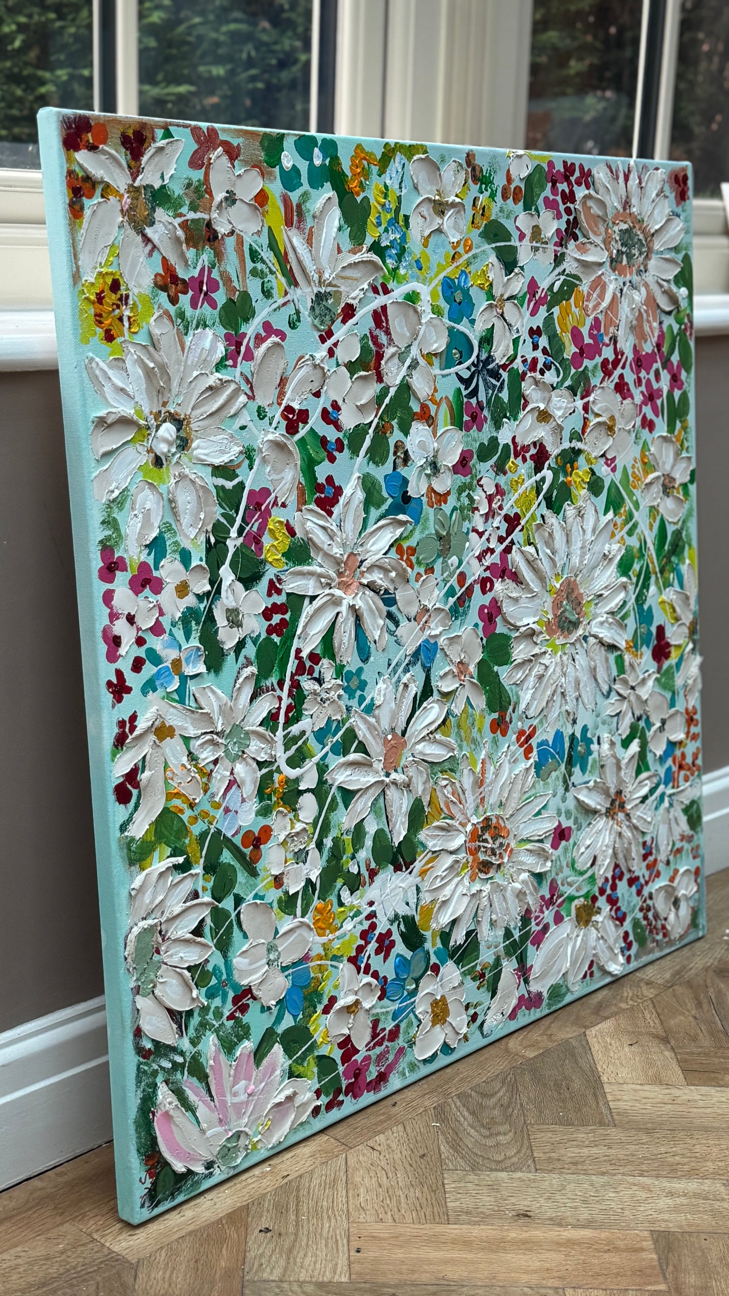 Framed Original Abstract Oil Painting On Canvas 80x80cm Daisies & more Flowers Textured