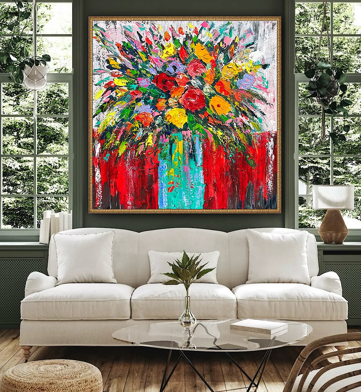 Original Abstract Oil Painting On 4cm Canvas 80 x 80cm Floral Sunflowers