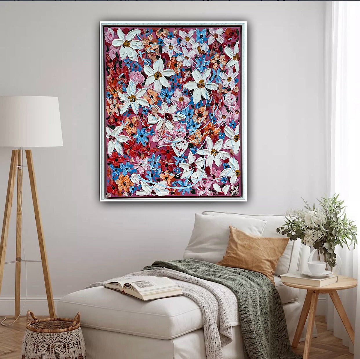 Original Abstract Oil Painting On Canvas 80 x 65cm Daisies in bloom textured framed
