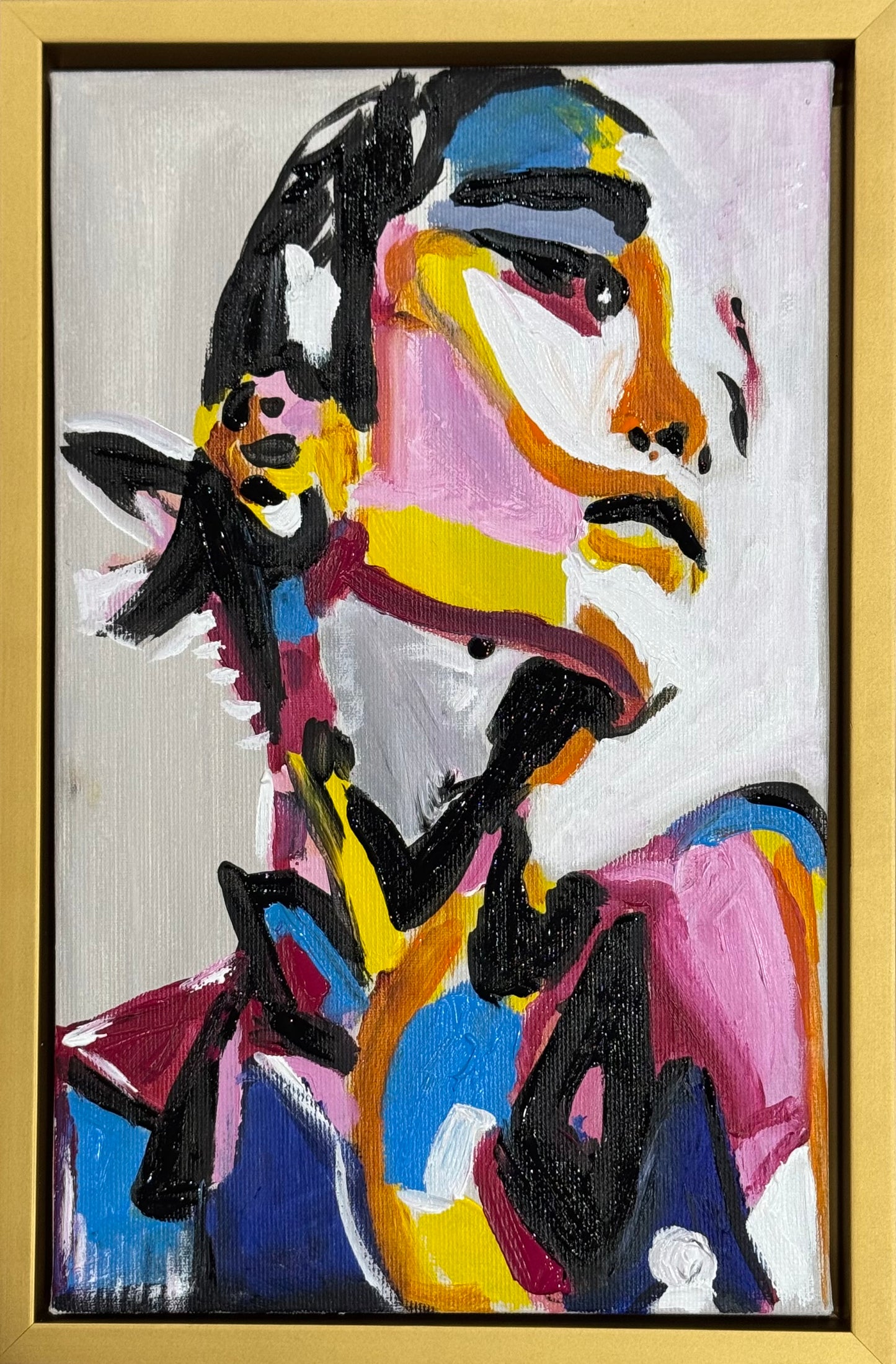 Framed in gold bronze Original Abstract Oil Painting On Canvas 36 x 24cm The Silent phoenix’ Girl Oka portrait