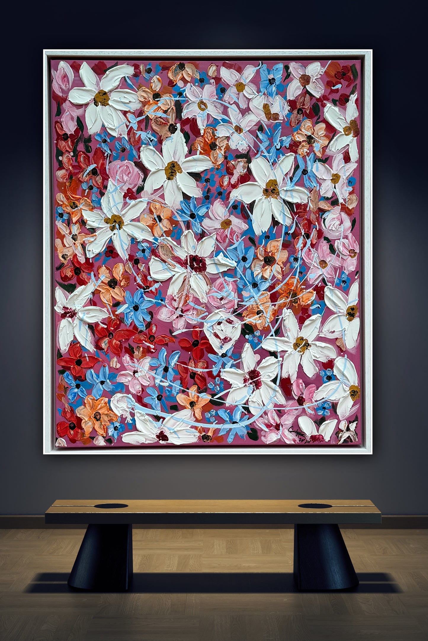 Original Abstract Oil Painting On Canvas 80 x 65cm Daisies in bloom textured framed