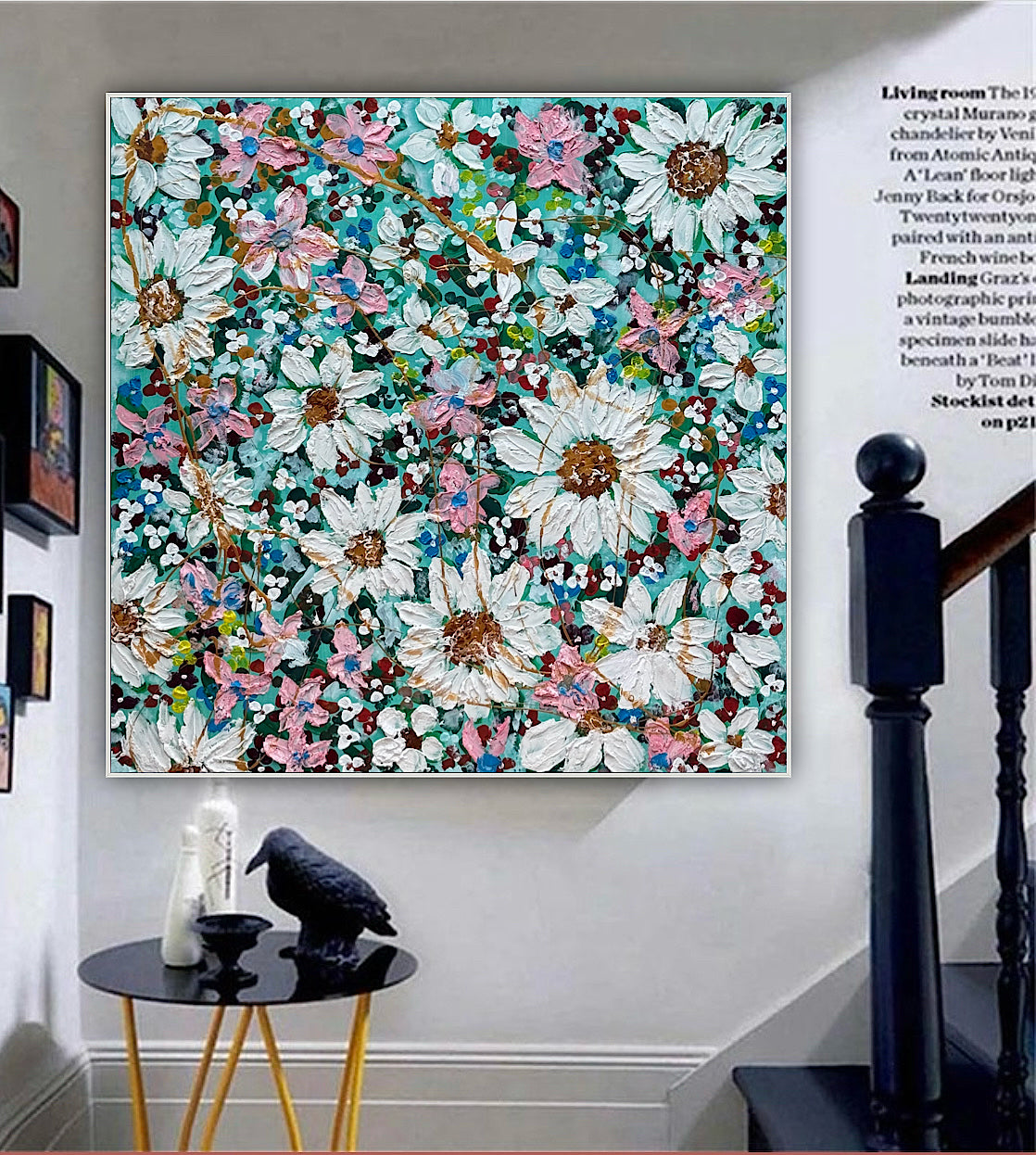 Original Abstract Oil Painting On deep edge Canvas 100x100cm Daisies & more Flowers Textured