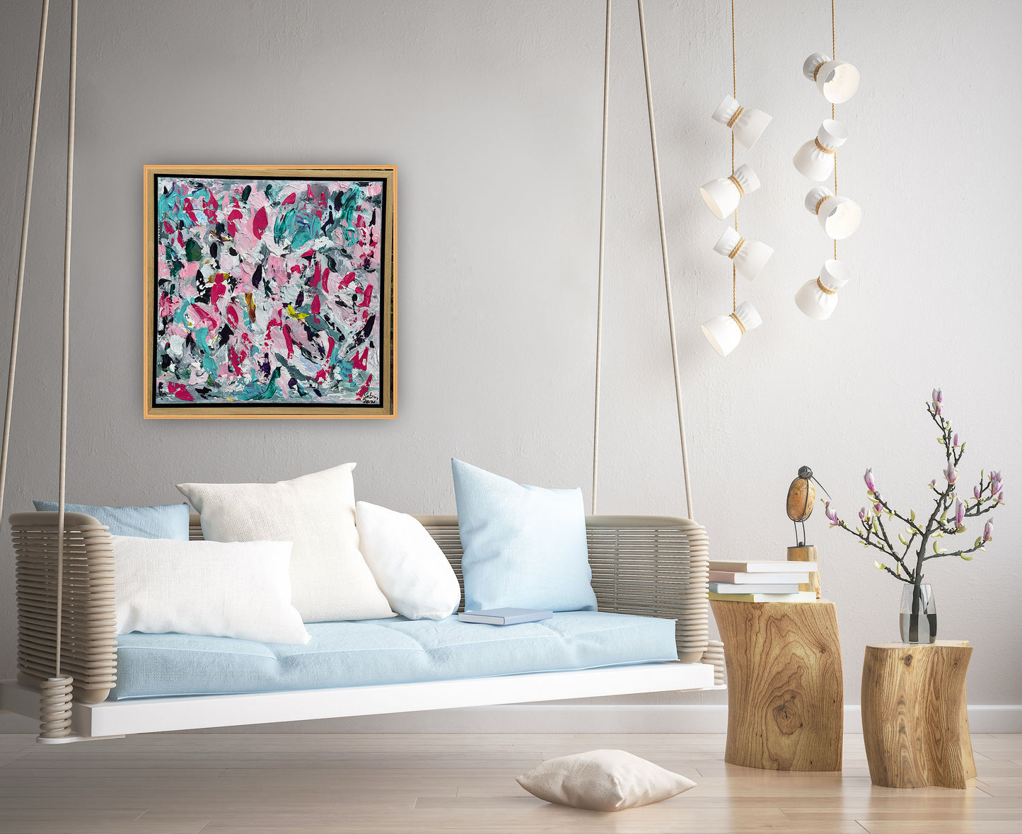 Abstract Original Oil Painting On 50x50cm canvas textured Painting ‘Summer Garden’ Oka framed in solid oak frame