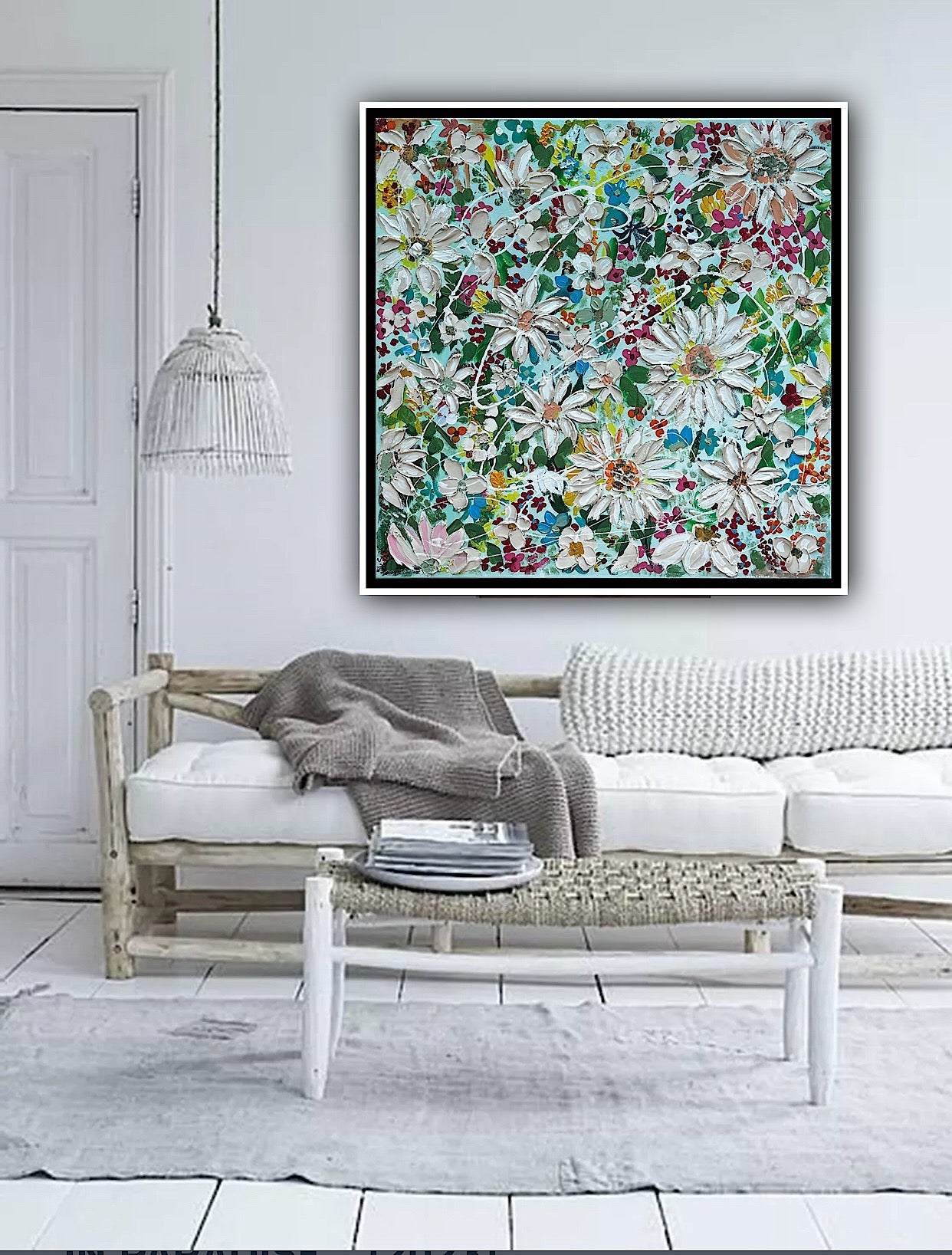 Framed Original Abstract Oil Painting On Canvas 80x80cm Daisies & more Flowers Textured
