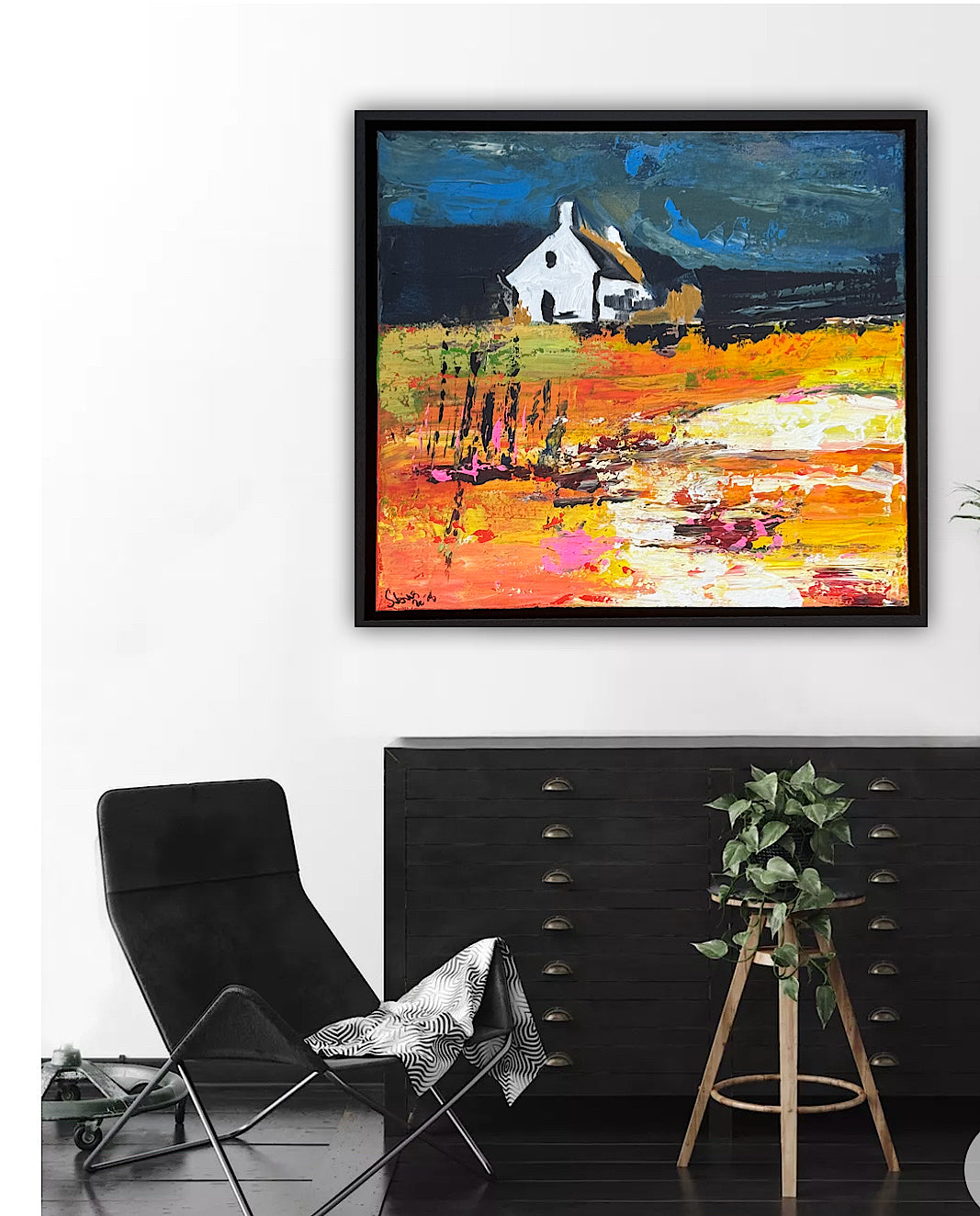 Framed Original Abstract contemporary Oil Painting On Canvas 43x40cm Magazine Irish House on a Hill Oka