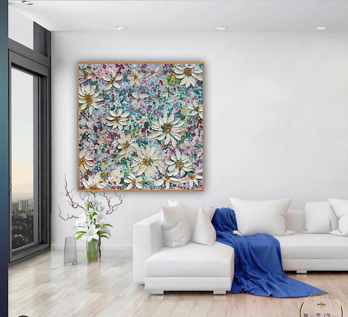 Original Abstract Oil Painting On deep edge Canvas 80x80cm Summer Flowers and more Flowers Textured