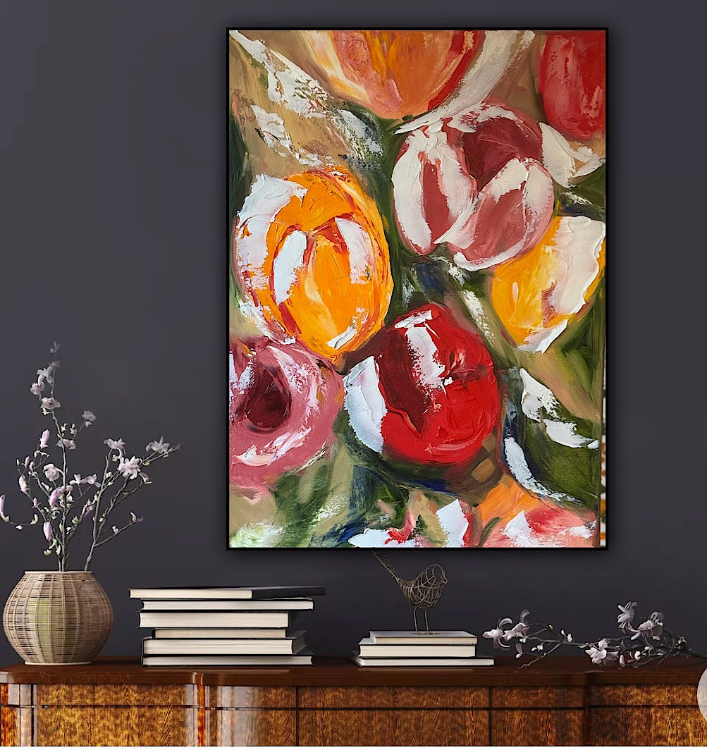 Renoir Style Original Floral Abstract Oil Painting On 70x50cm Canvas Tulips study