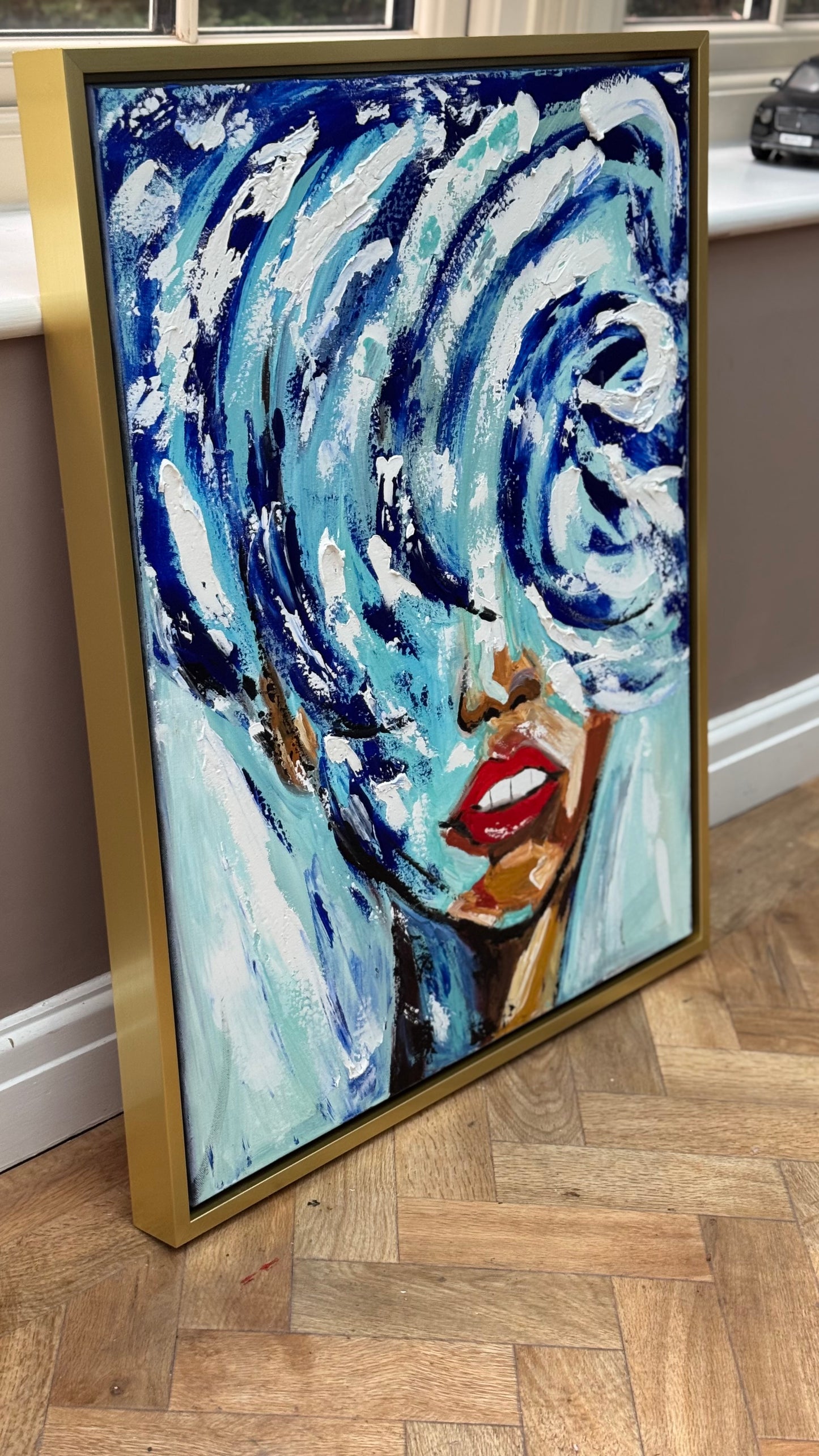Large Abstract Original Oil Painting On 80x70cm canvas Waves Woman texture Vogue portrait framed in gold bespoke frame