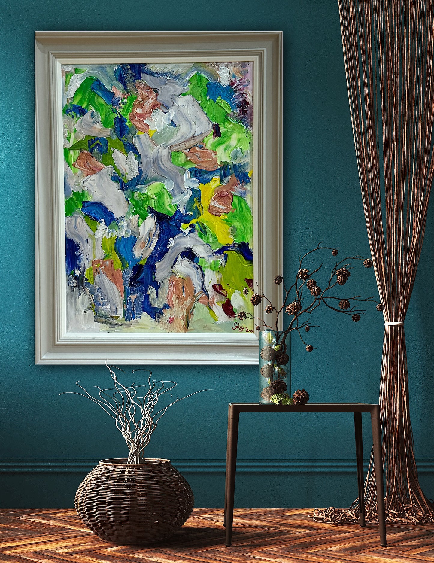Framed Original Abstract contemporary Oil Painting On Canvas 52x70cm Floral Oka