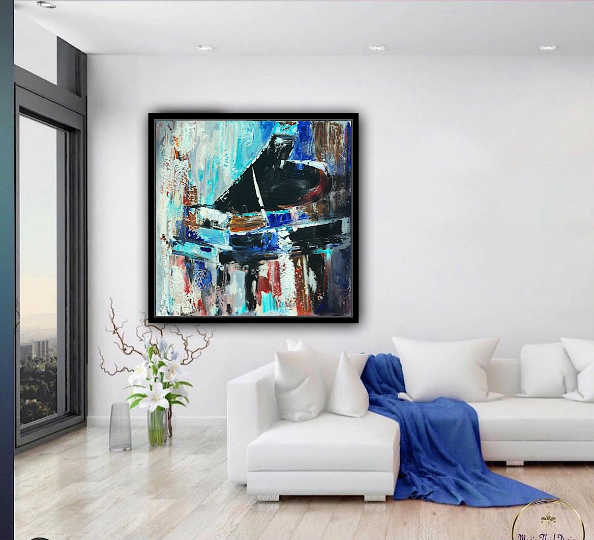 Framed in black Textured Original Abstract Oil Painting On Canvas 55x55cm Black Grand Piano
