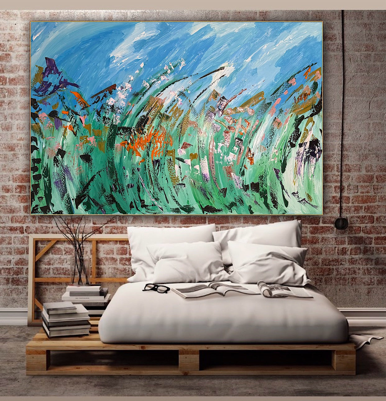 Original Abstract Oil Painting On Canvas 150cm x 100cm Meadow Field Oka floral