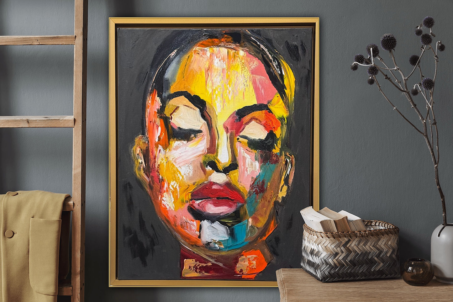 Framed in gold bronze Original Abstract Oil Painting On Canvas 57 x45cm The Beauty Queen’ Girl Oka portrait
