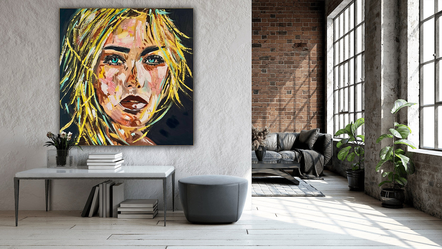 Contemporary Abstract Original Oil Painting On Canvas 90x90cm Blond girl ‘Luna’ woman’s portrait Framed