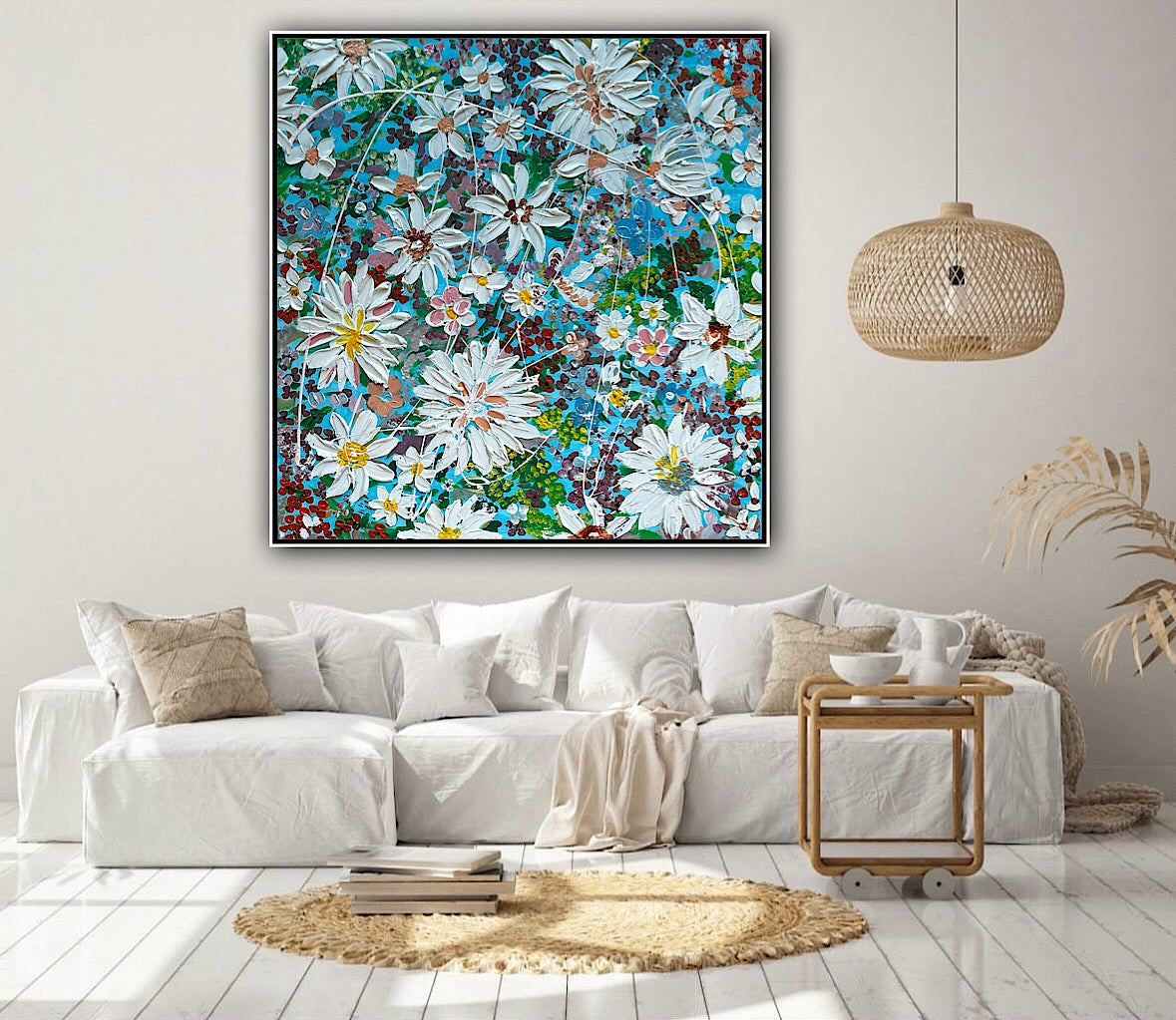 Original Abstract Oil Painting On Canvas 90 x 90cm Flowers in bloom textured framed