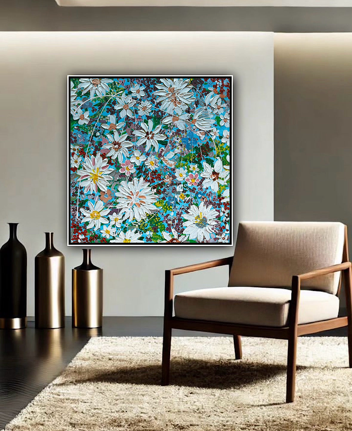 Original Abstract Oil Painting On Canvas 90 x 90cm Flowers in bloom textured framed