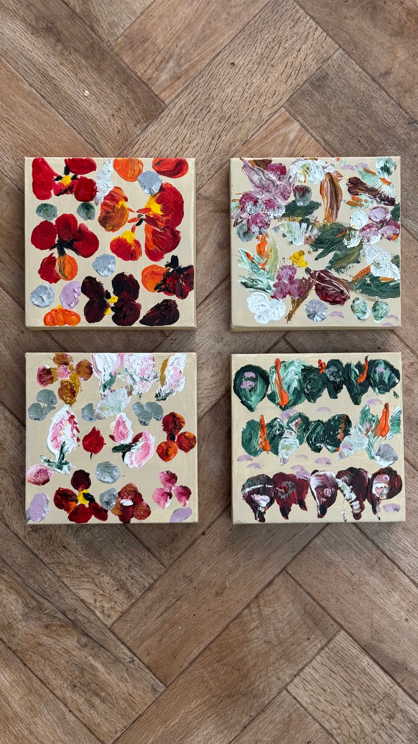 Oka set of 4 Modern Abstract Original Oil Paintings On Canvas Petals 15x15cm each