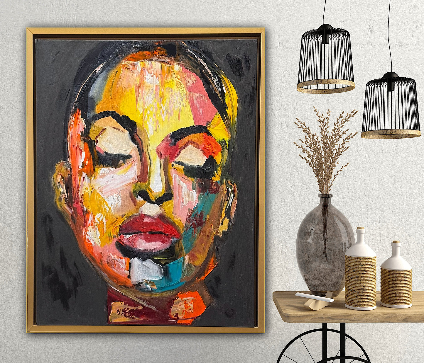Framed in gold bronze Original Abstract Oil Painting On Canvas 57 x45cm The Beauty Queen’ Girl Oka portrait