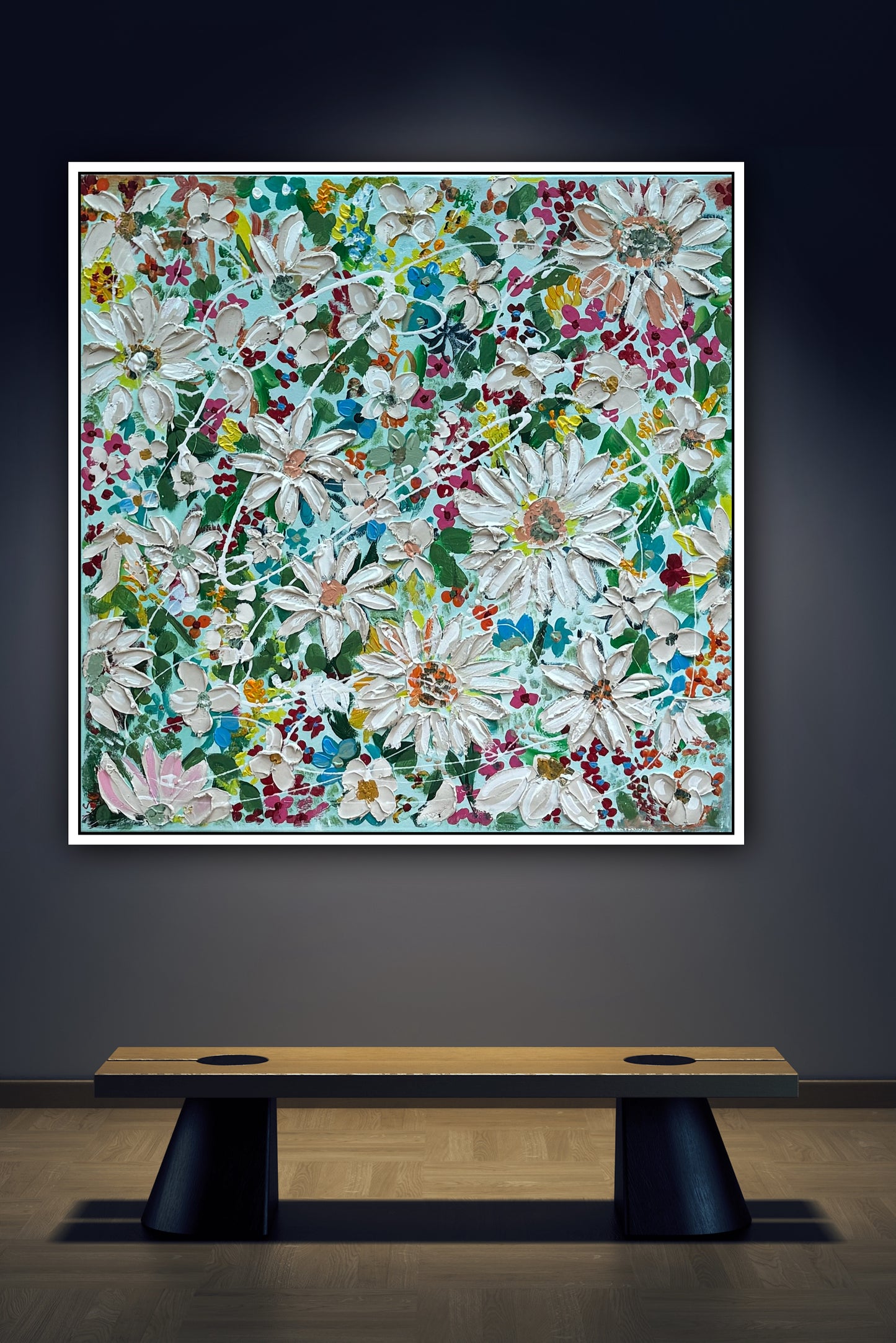 Framed Original Abstract Oil Painting On Canvas 80x80cm Daisies & more Flowers Textured