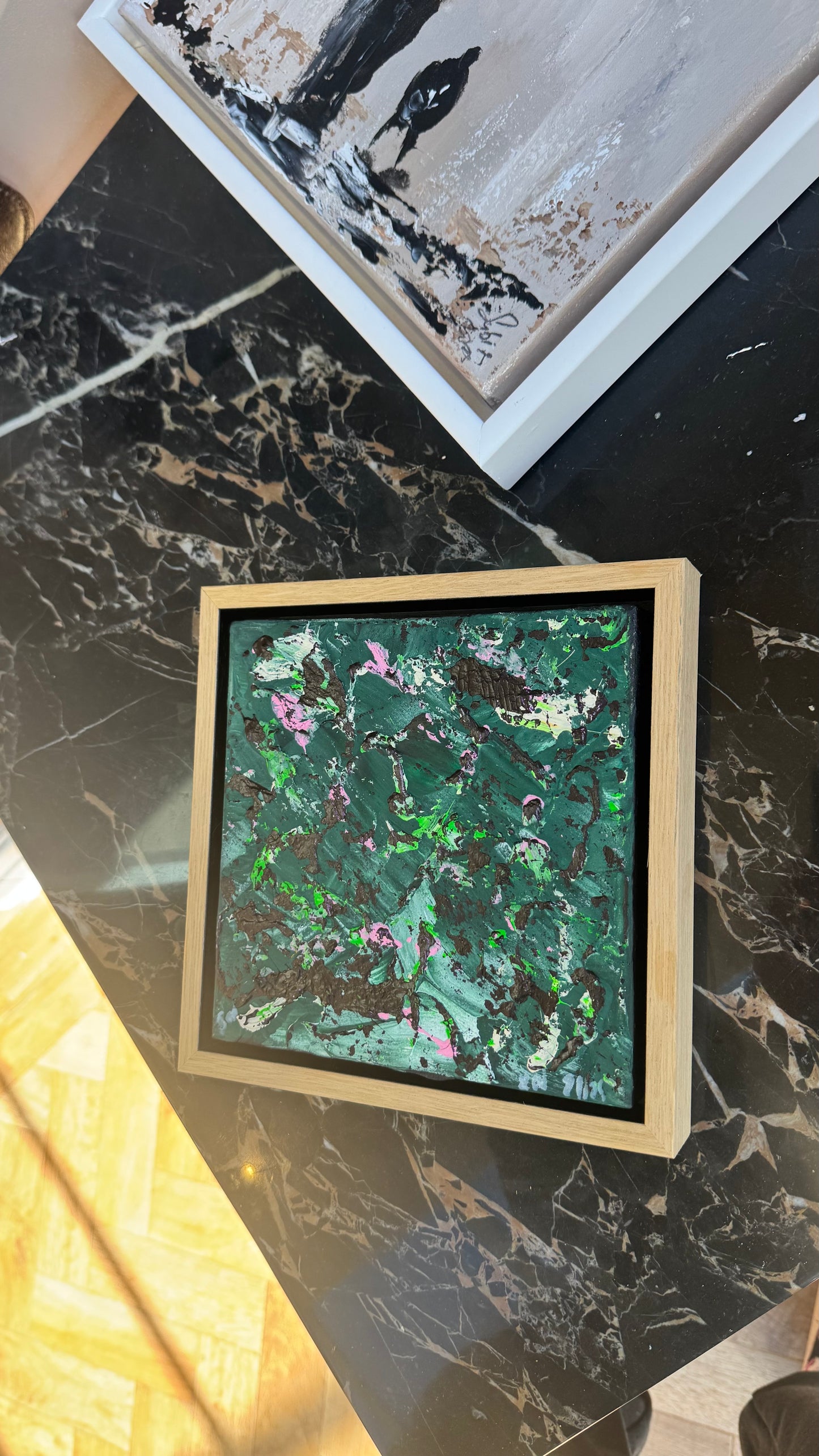 Framed in oak Original Abstract contemporary Oil Painting On Canvas 20 x 20Cm Orchard oka