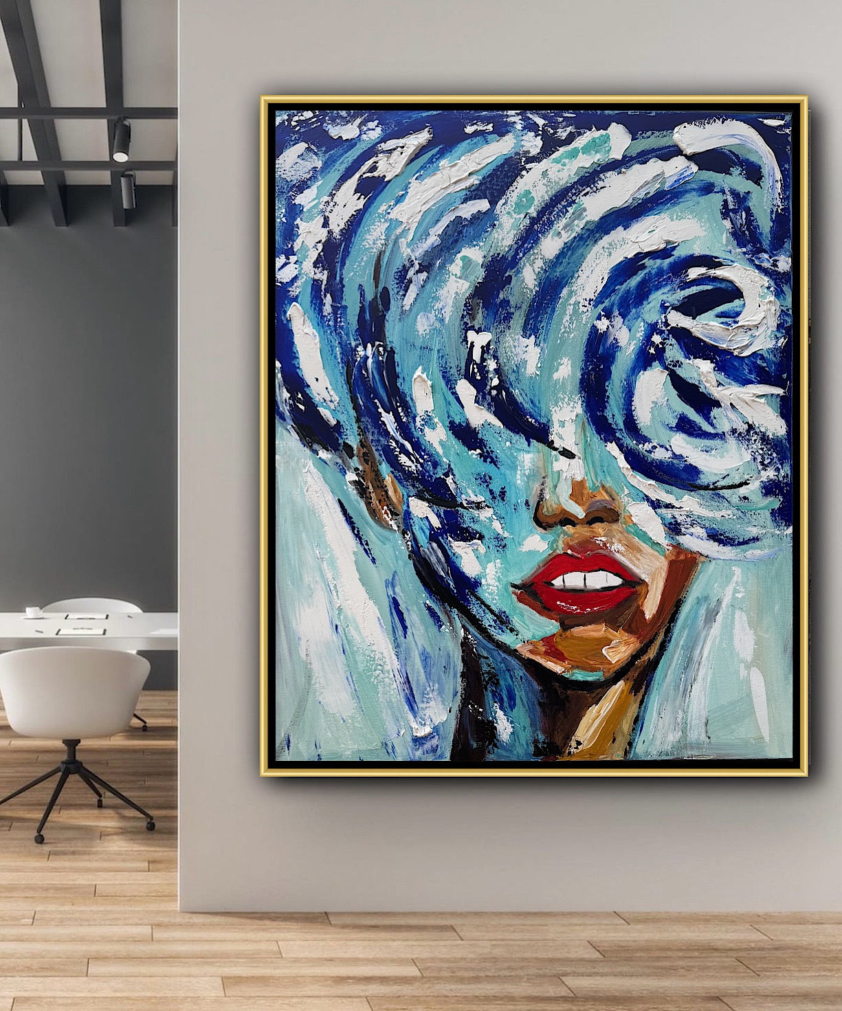 Large Abstract Original Oil Painting On 80x70cm canvas Waves Woman texture Vogue portrait framed in gold bespoke frame