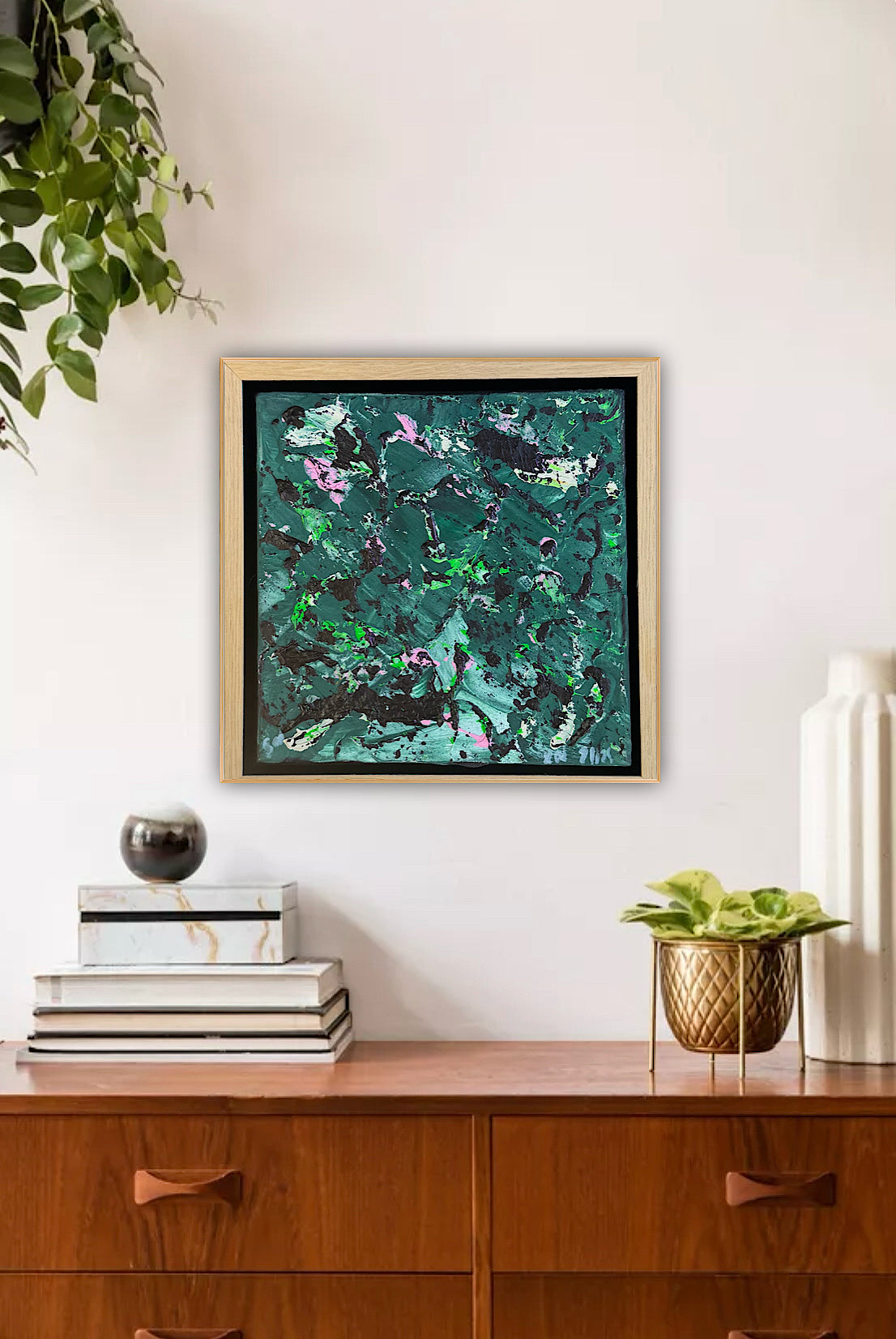 Framed in oak Original Abstract contemporary Oil Painting On Canvas 20 x 20Cm Orchard oka