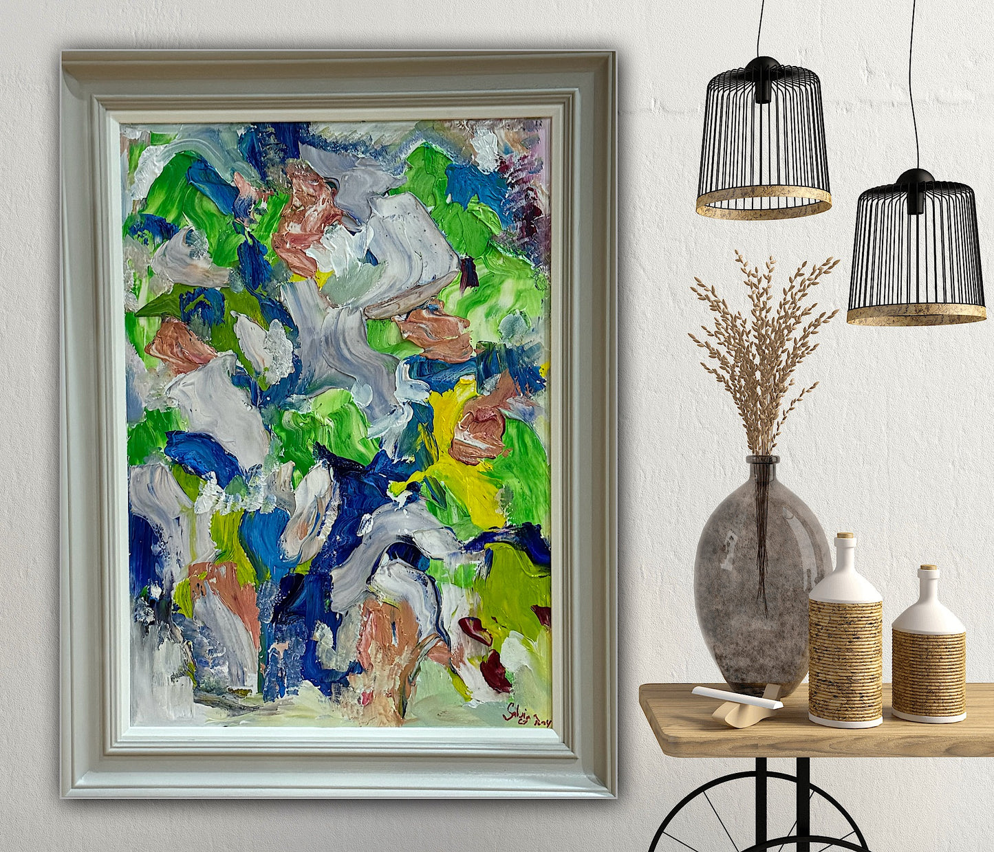 Framed Original Abstract contemporary Oil Painting On Canvas 52x70cm Floral Oka