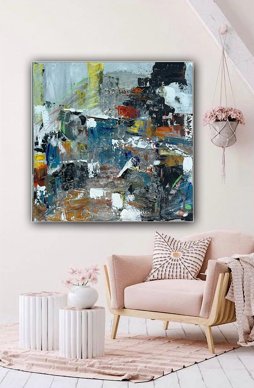 Contemporary Style Abstract Original Oil Painting on 60x60cm Canvas House on the Hill