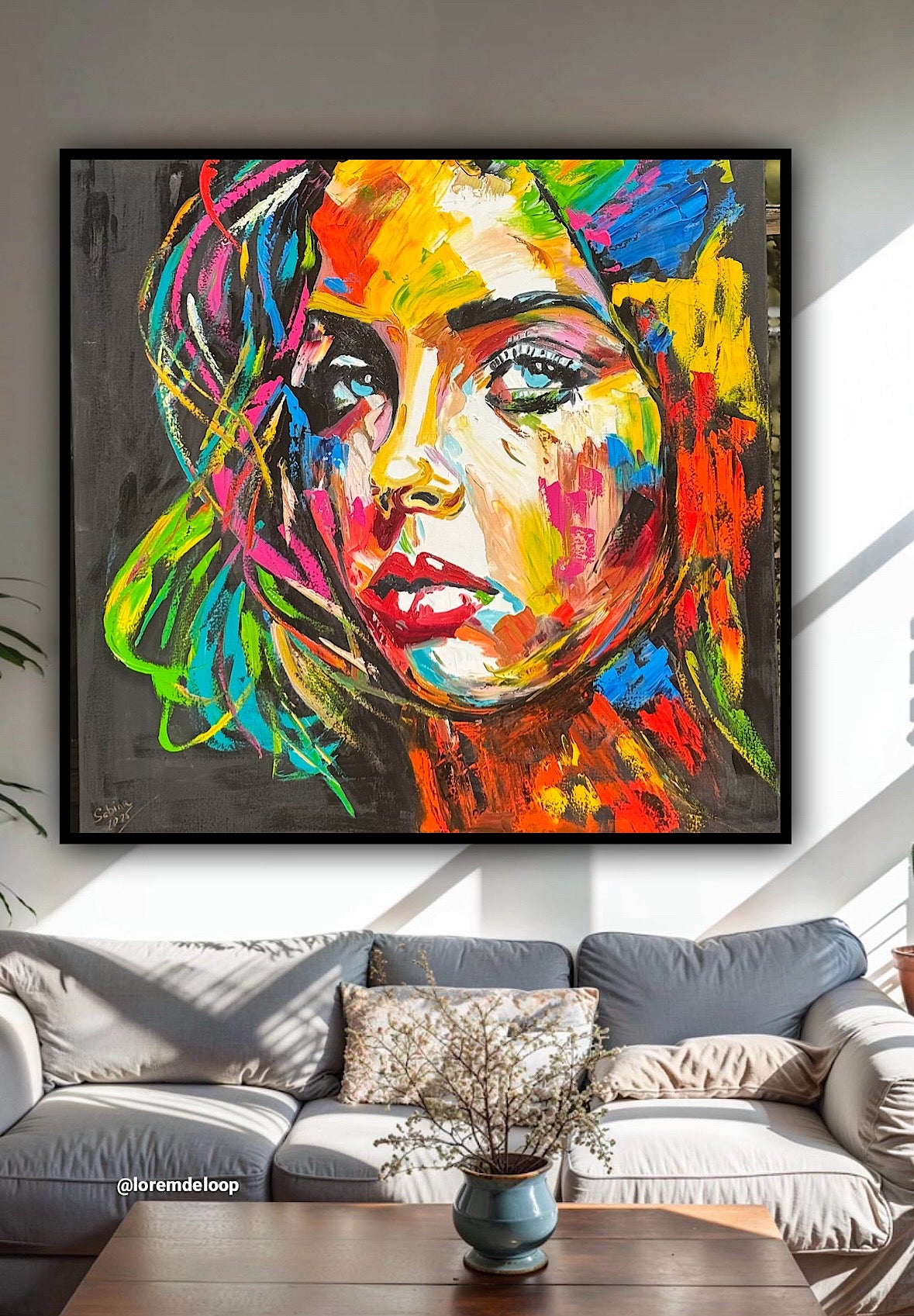 Modern Style Abstract Original Oil Painting On 100 x 100cm canvas Pillow talk woman portrait framed in black and gold frame
