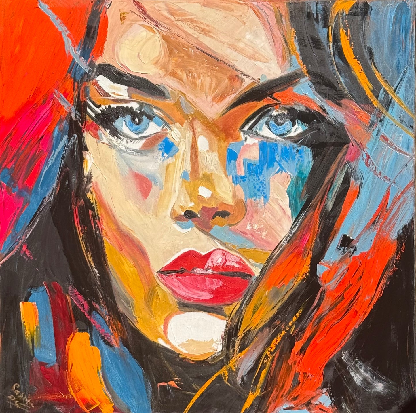 Richter Style Abstract Original Oil Painting On 100 x 100cm canvas Blue eyes woman portrait