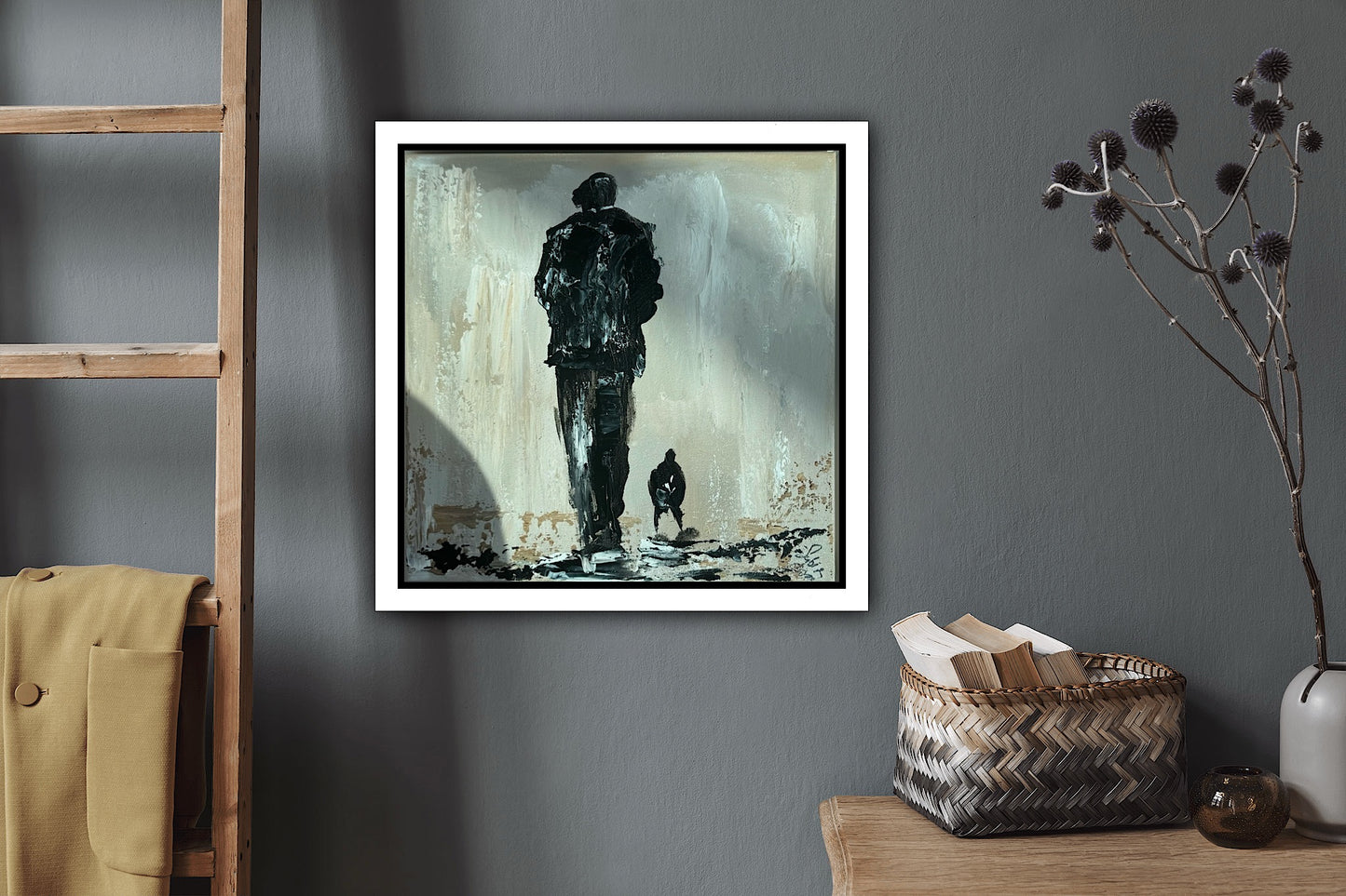 Oka Contemporary Abstract Original Oil Painting on canvas 33 x 33cm textured Pals man with a dog