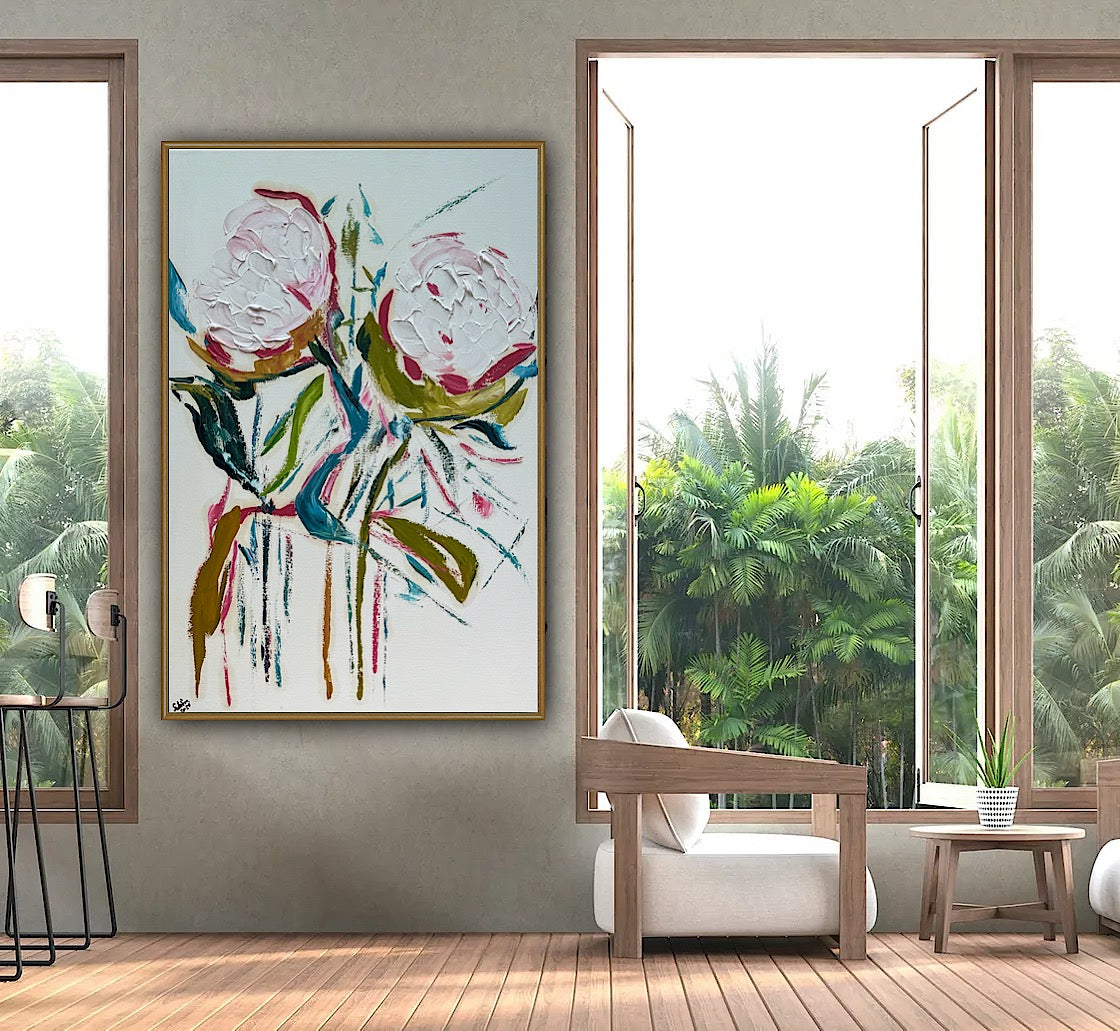Oka Design Contemporary Abstract Original Oil Painting On 90 x 60cm Canvas Peonies floral