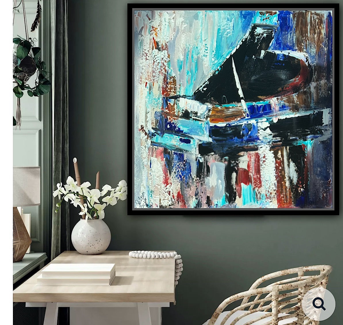 Framed in black Textured Original Abstract Oil Painting On Canvas 55x55cm Black Grand Piano