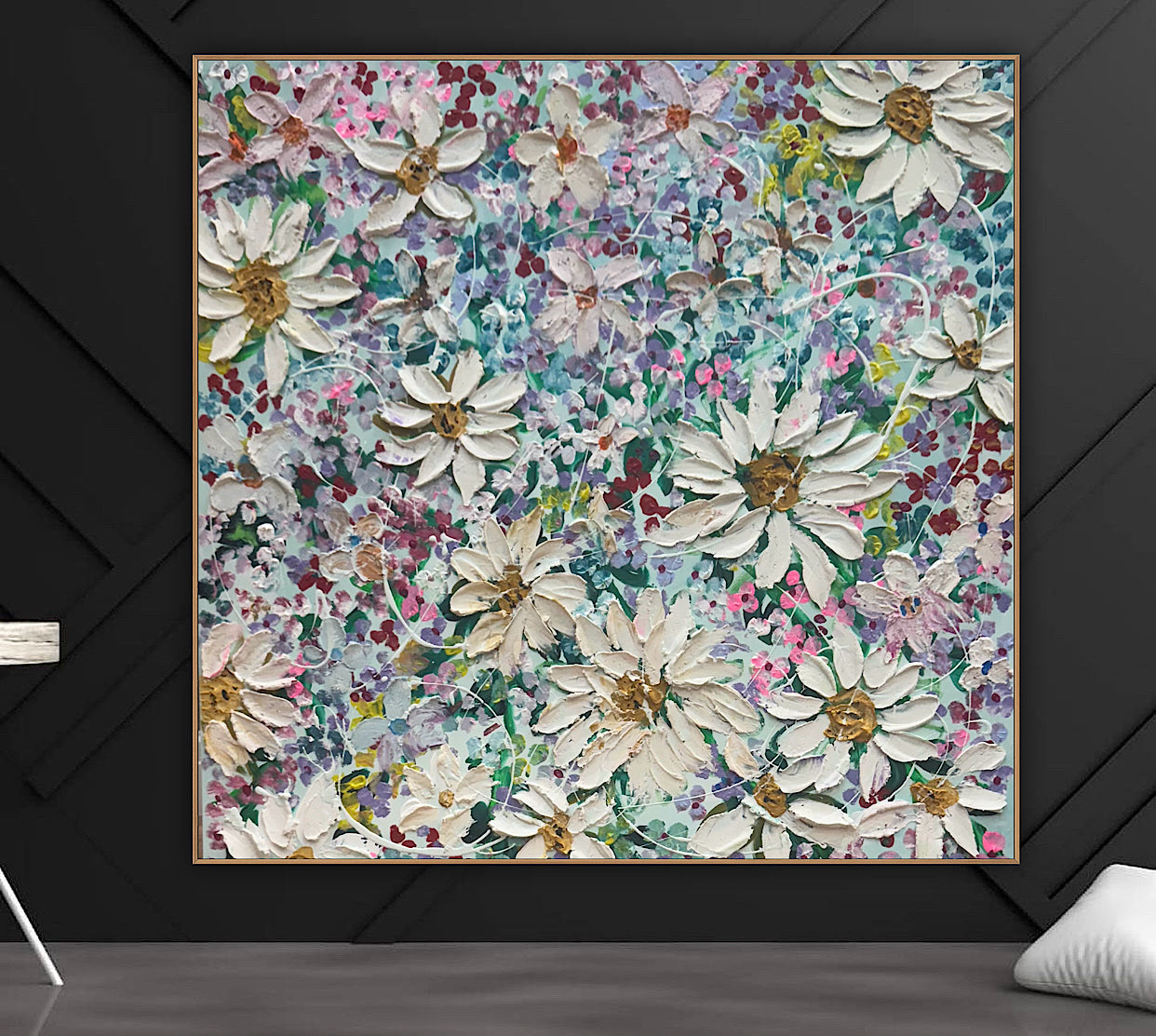 Original Abstract Oil Painting On deep edge Canvas 80x80cm Summer Flowers and more Flowers Textured