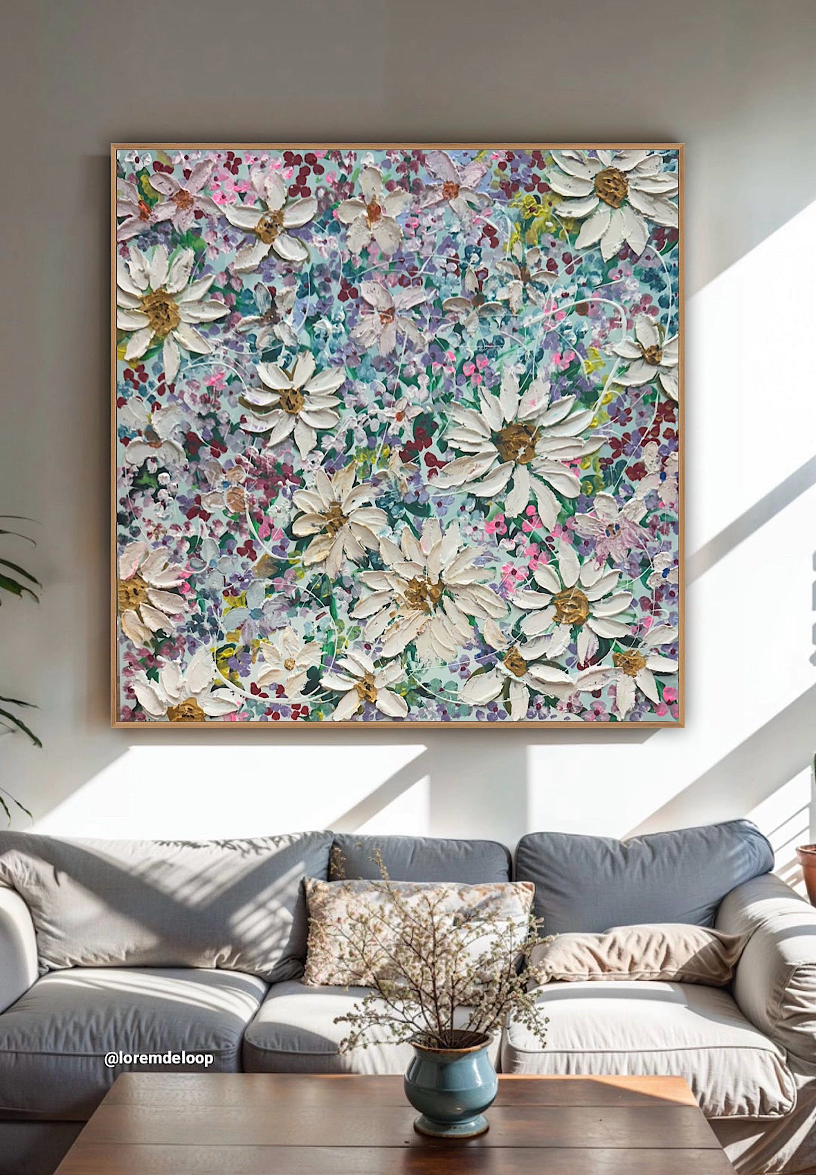 Original Abstract Oil Painting On deep edge Canvas 80x80cm Summer Flowers and more Flowers Textured
