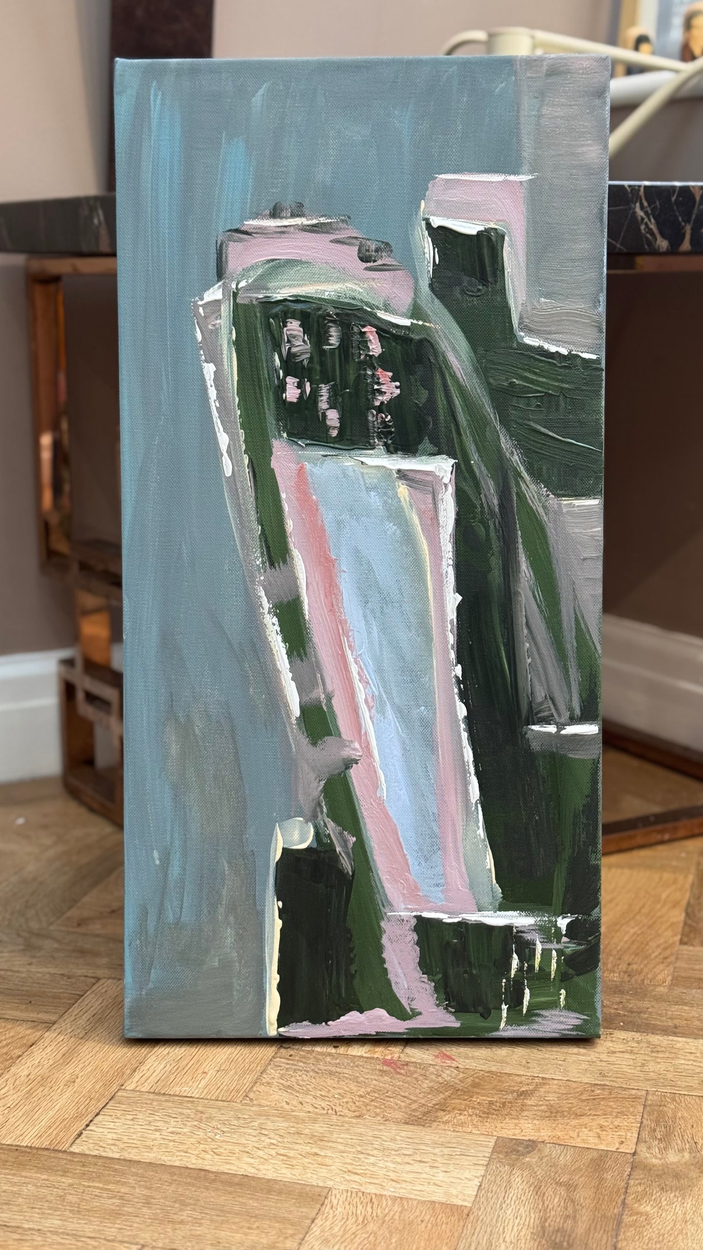 Oka Contemporary Abstract Original Oil Painting 30cm x 60cm textured House on a Hill