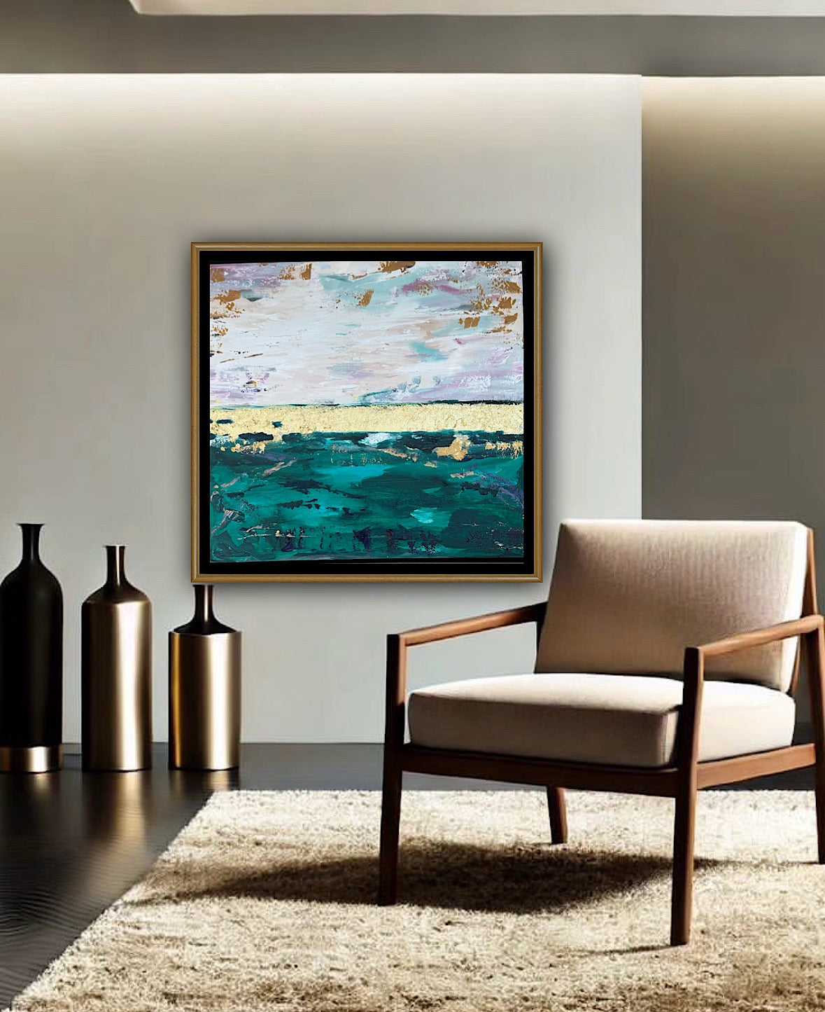 Framed in antique gold Textured Original Abstract Oil Painting On Canvas 70x70cm Seascape with gold leaf