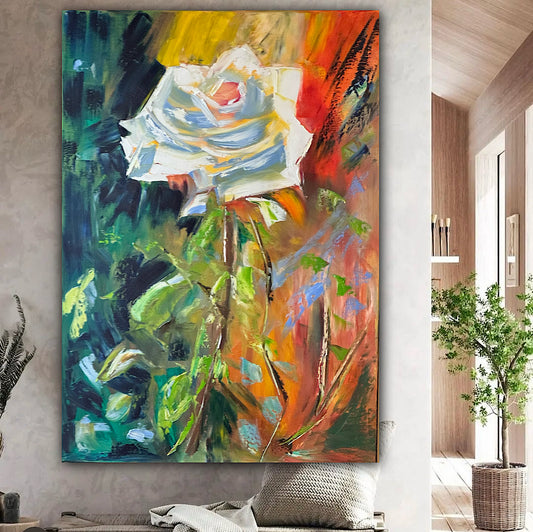 Textured Original Abstract Oil Painting On Canvas 85 x 60cm Garden White Rose