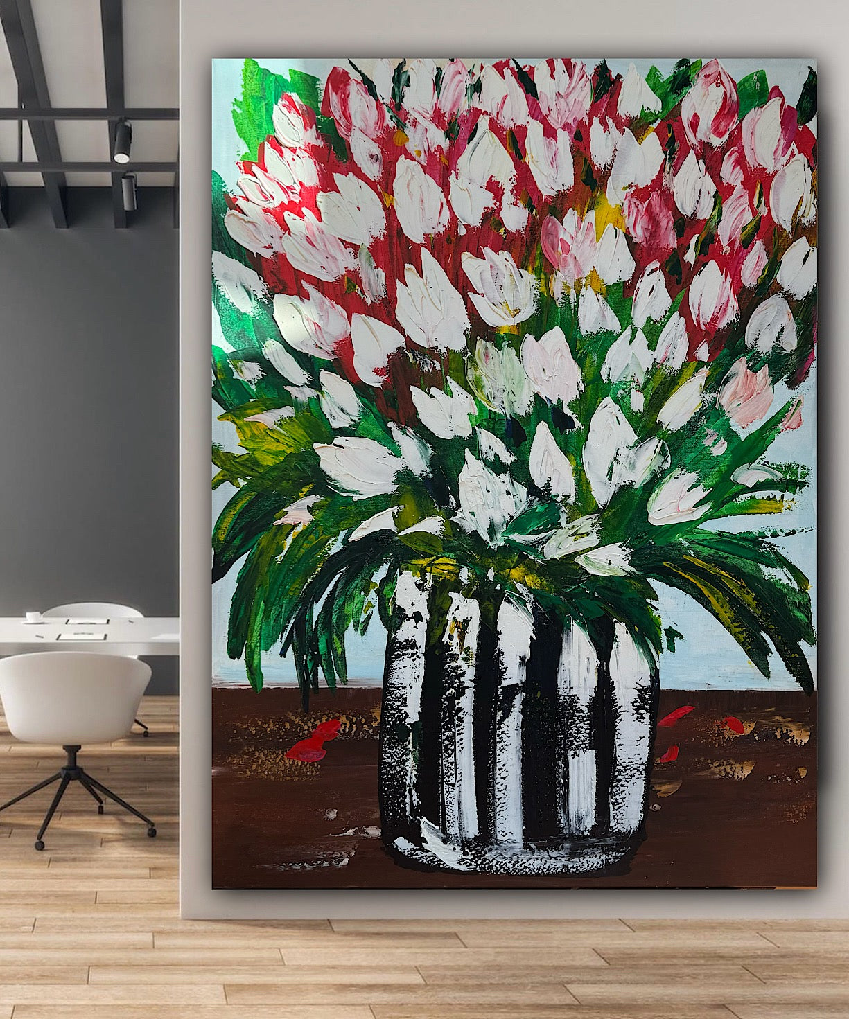 Large Abstract Original Oil Painting On 100x80cm canvas Flowers White Tulips III