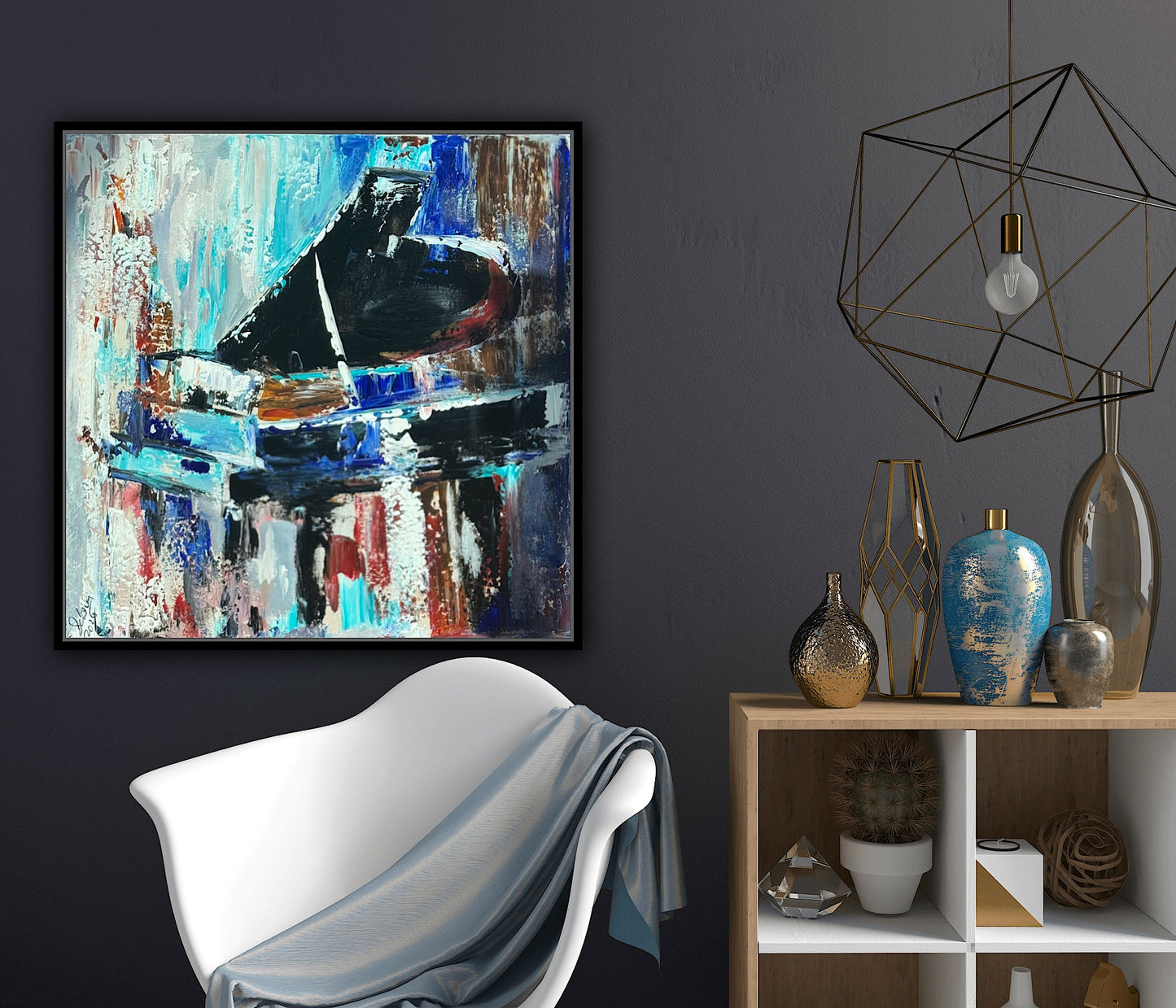 Framed in black Textured Original Abstract Oil Painting On Canvas 55x55cm Black Grand Piano