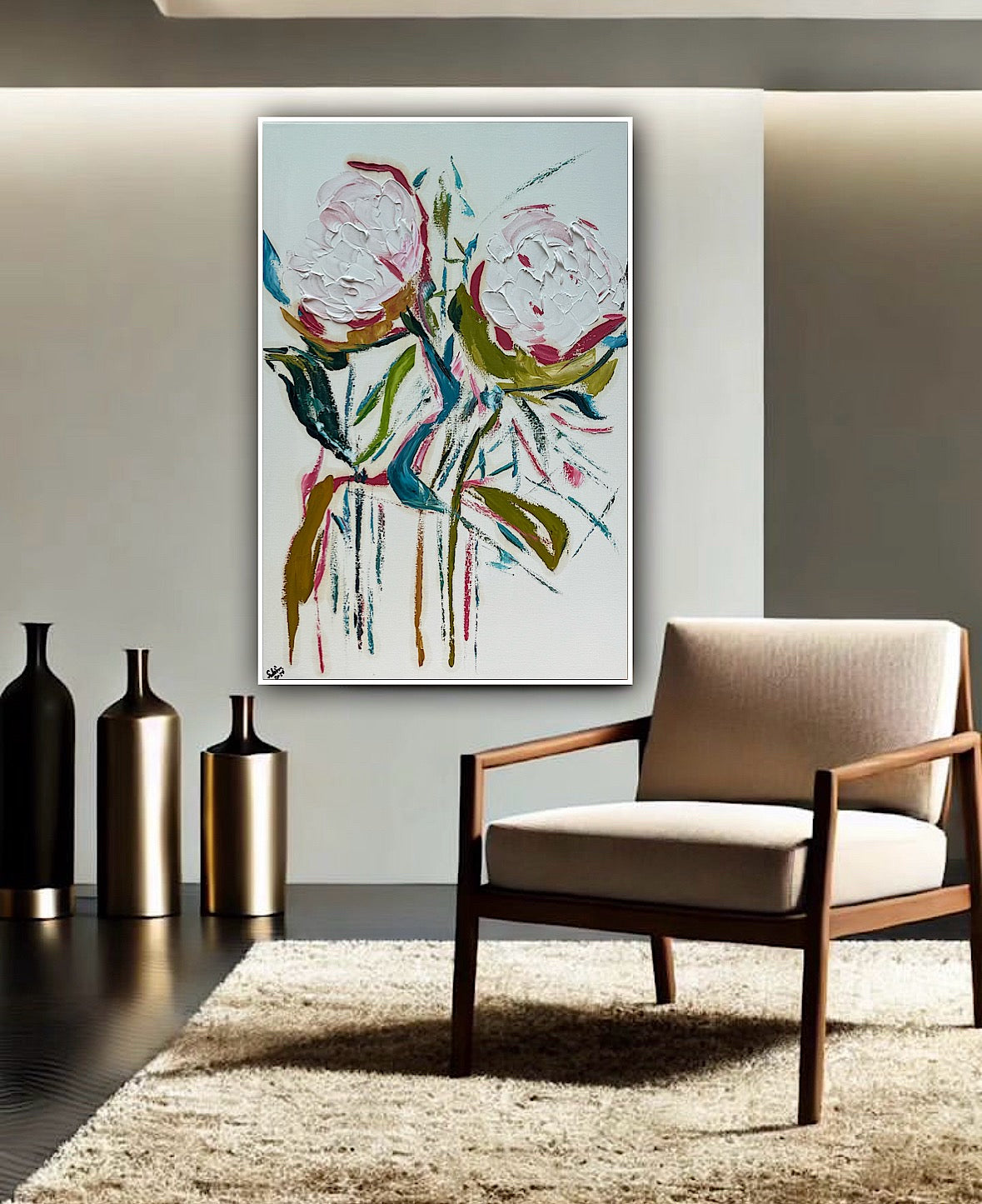 Oka Design Contemporary Abstract Original Oil Painting On 90 x 60cm Canvas Peonies floral