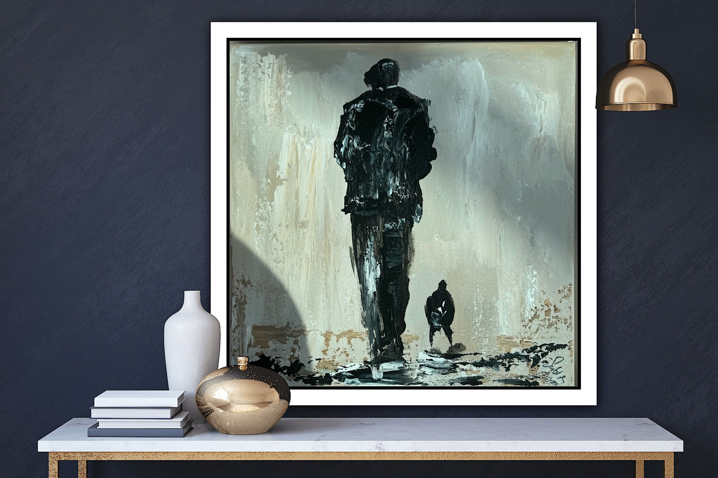 Oka Contemporary Abstract Original Oil Painting on canvas 33 x 33cm textured Pals man with a dog
