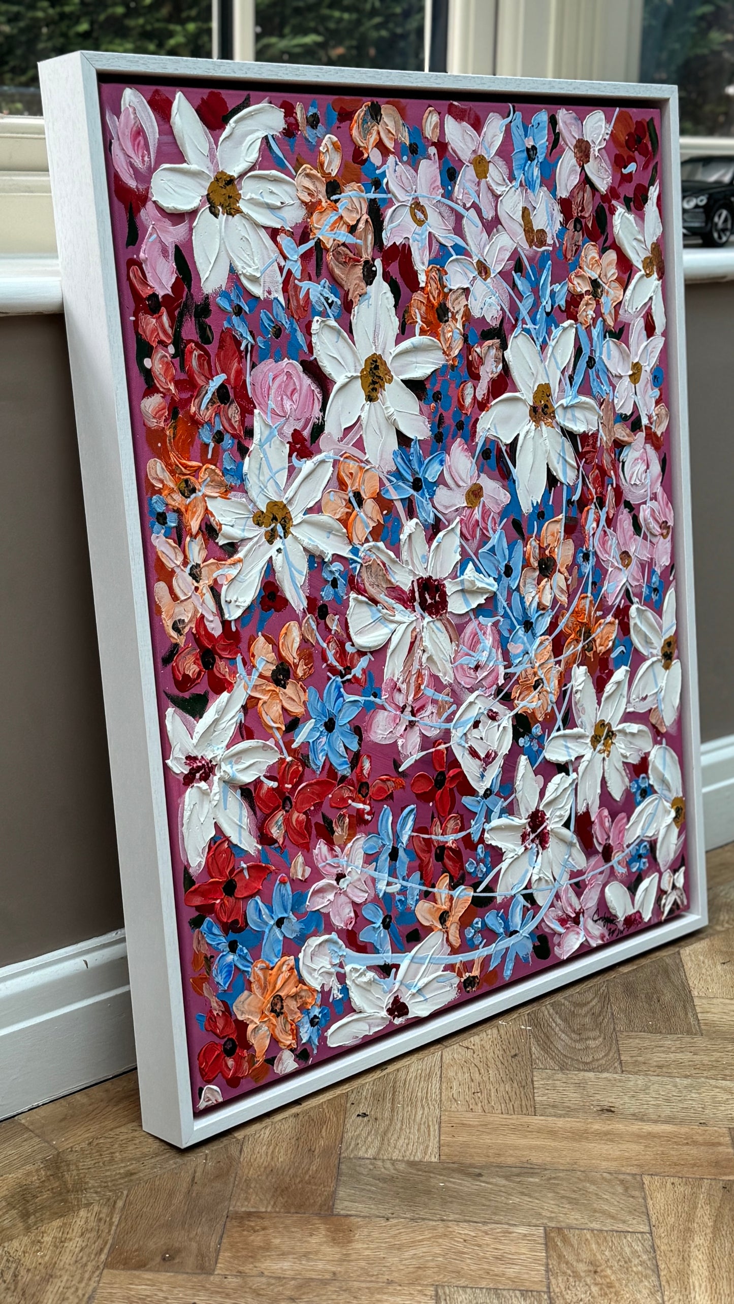 Original Abstract Oil Painting On Canvas 80 x 65cm Daisies in bloom textured framed