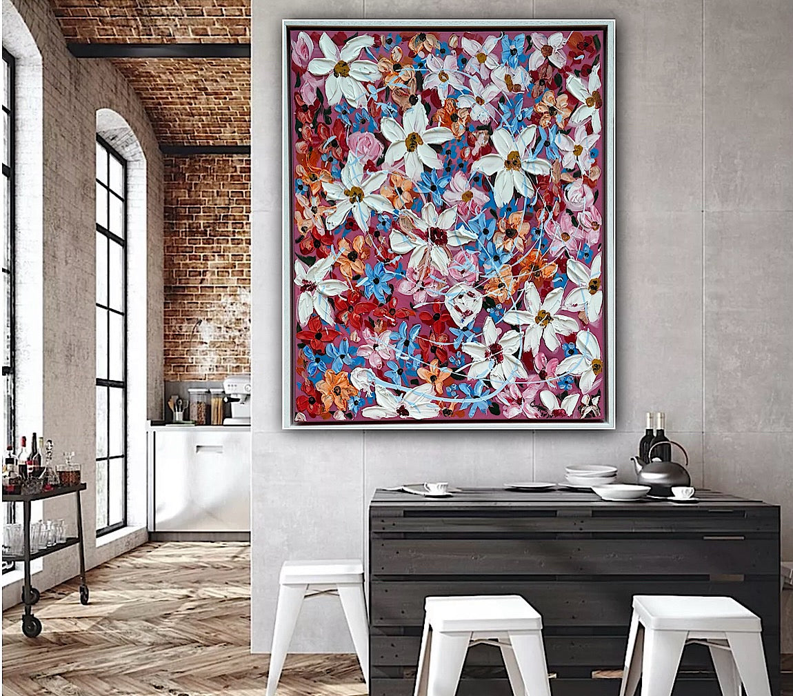 Original Abstract Oil Painting On Canvas 80 x 65cm Daisies in bloom textured framed
